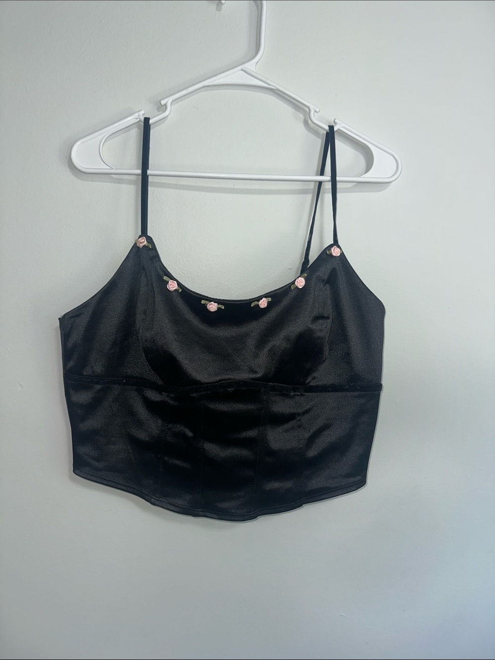 wild fable Black Satin Crop Top with Pink Rose Trim